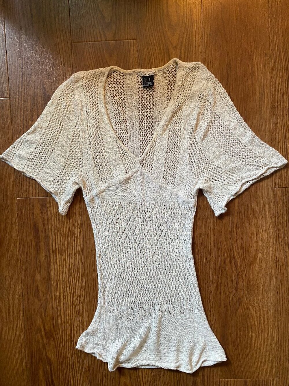 VTG Y2K mac & jac Open Knit Crochet V-Neck Flutter Sleeve Top Ivory Cream M